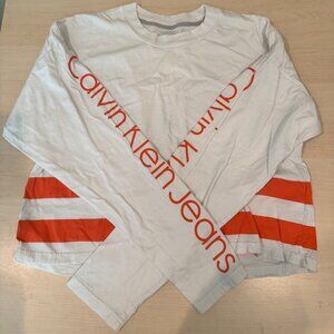 Calvin Klein White & Orange Striped Graphic Long Sleeve Top Size Medium